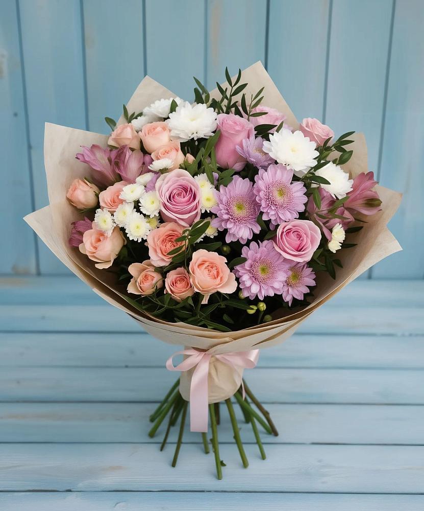 Букет цветов из: Хризантемы, Розы и Альстромерии в Хотеичи