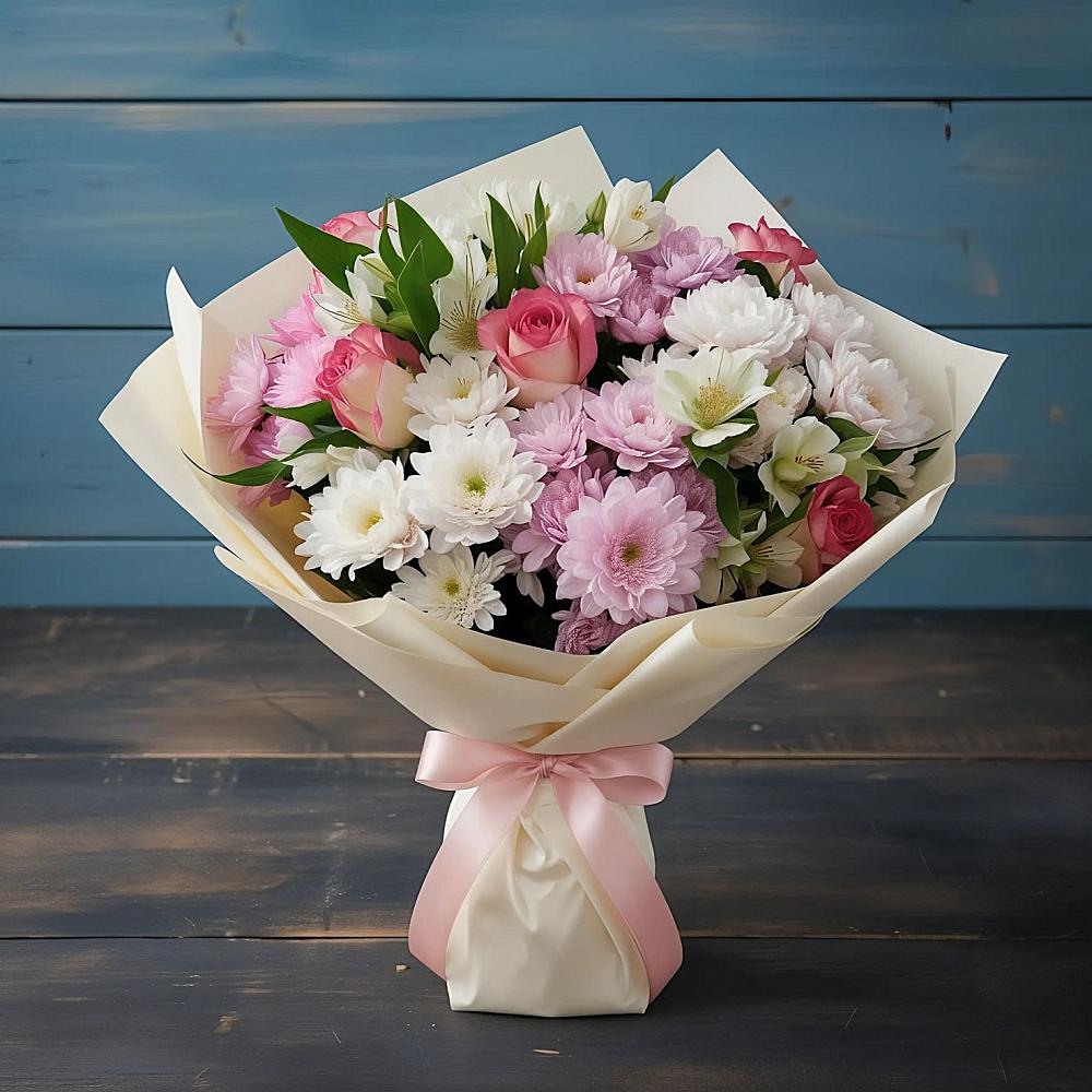 Букет цветов из: Хризантемы, Альстромерии и Розы в Хотеичи